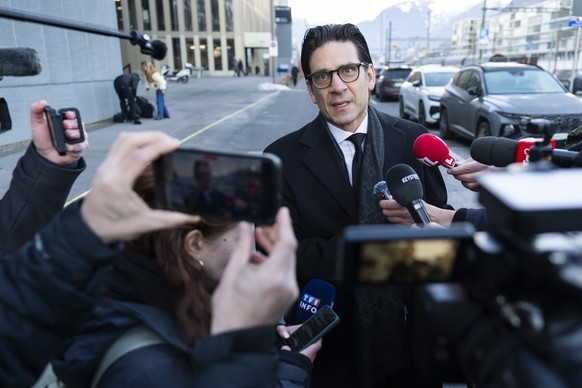 Gilles-Antoine Hofstetter, lawyer for a victim speaks to journalists, for a hearing before the public prosecutor of the canton of Valais, in Sion Monday, February 9, 2026. 41 people mostly teenagers l ...