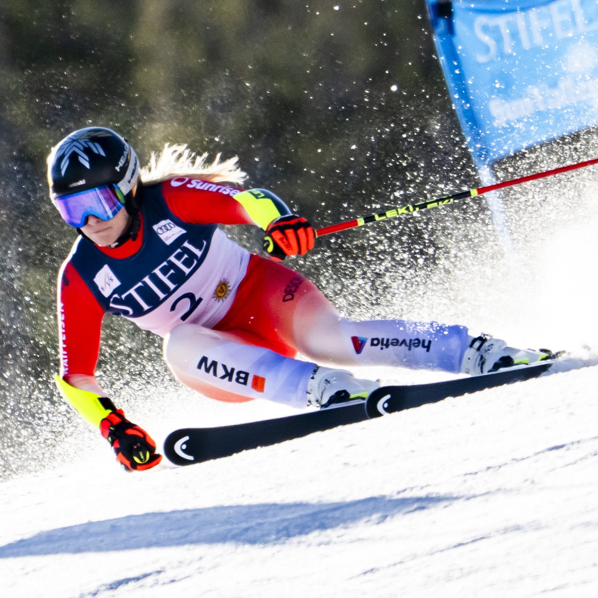 epa11987597 Lara Gut-Behrami of Switzerland in action during the first run of the women's Giant Slalom race at the FIS Alpine Ski World Cup Finals, in Sun Valley Resort, Idaho, USA, 25 March 2025 ...