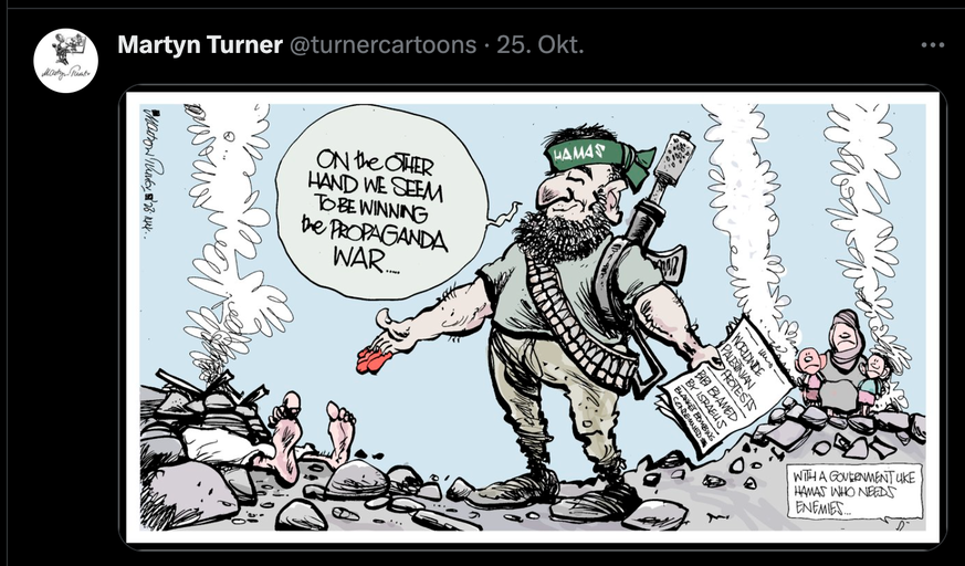 Karikatur zu Hamas-Terror und Gaza-Krieg.