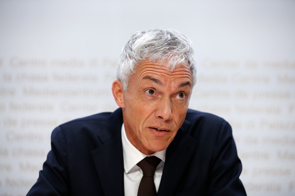 epa07560847 Swiss Federal Attorney Michael Lauber speaks at a media conference at the Media Centre of the Federal Parliament in Bern, Switzerland, on Friday, 10 May 2019. Federal Attorney Michael Laub ...