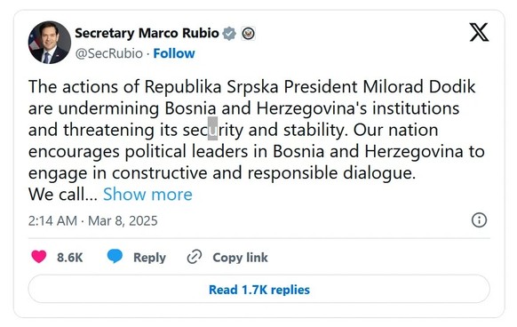 Post von US-Aussenminister Marco Rubio auf X
https://x.com/SecRubio/status/1898180490869588305