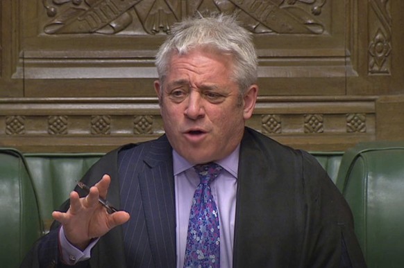 In this grab taken from video, Speaker John Bercow gestures during Prime Minister's Questions in the House of Commons, London, Wednesday April 3, 2019. With Britain racing toward a chaotic exit from t ...