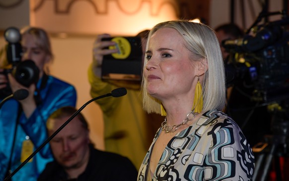 epa10556283 Leader of the Finns Party Riikka Purra pictured in election party during the Finnish parliamentary election day in Helsinki, Finland, 2 April 2023 Leader of the Finns Party, Riikka Purra d ...