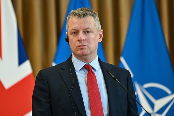 epa12761369 UK Defence Procurement Minister Luke Pollard attends a press conference following the E5 defense ministers' meeting in Krakow, Poland, 20 February 2026. Poland is hosting a meeting of ...