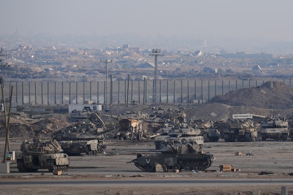 Israeli tanks are parked in a staging area near the border with Gaza, in southern Israel, Wednesday, Oct. 29, 2025. (AP Photo/Ohad Zwigenberg)
Israel Palestinians Gaza