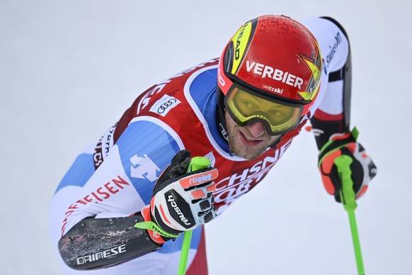 Justin Murisier of Switzerland reacts in the finish area during the first run of the men&#039;s Giant Slalom race at the FIS Alpine Skiing World Cup finals, in Parpan-Lenzerheide, Switzerland, Saturda ...