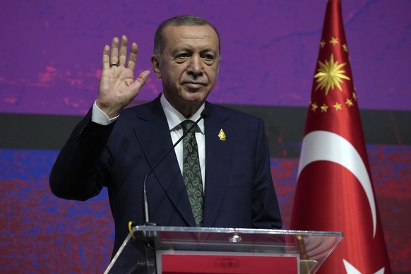 Turkey President Recep Tayyip Erdogan gestures as he speaks during a press conference on the sidelines of the G20 Leaders&#039; Summit at Nusa Dua in Bali, Indonesia on Wednesday, Nov. 16, 2022. (AP P ...
