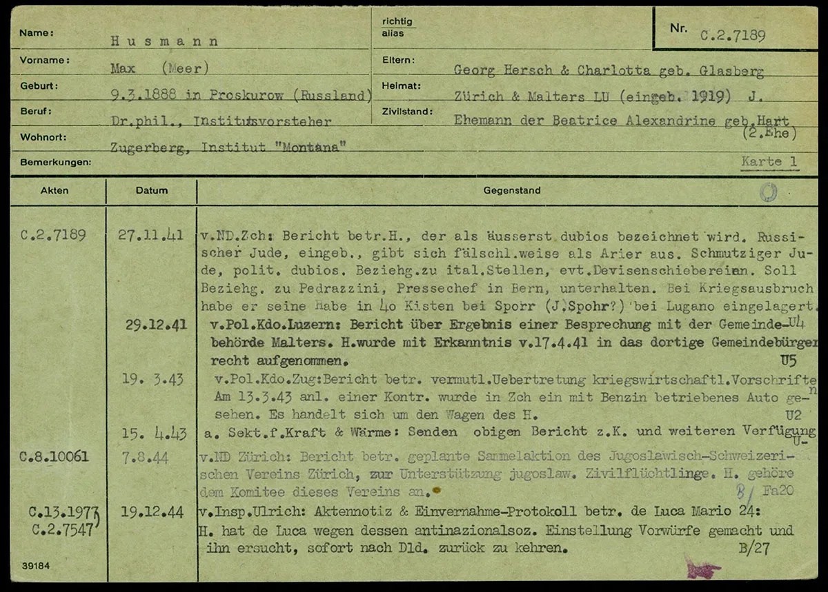 Fiche de police de Max Husmann couvrant la période de 1941 à 1953.
https://www.recherche.bar.admin.ch/recherche/recherche/#/fr/archive/unite/5295032