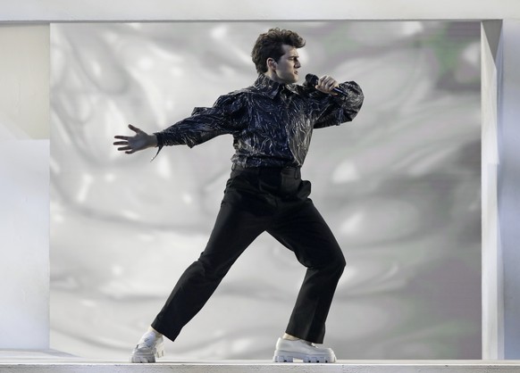 Gjon&#039;s Tears from Switzerland singing Tout l&#039;Univers performs at the Grand Final of the Eurovision Song Contest at Ahoy arena in Rotterdam, Netherlands, Saturday, May 22, 2021. (AP Photo/Pet ...