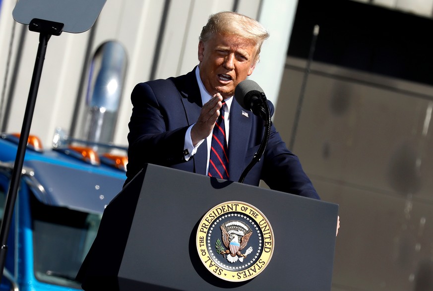 epa08615408 US President Donald J. Trump&#039;s speaks at a campaign stop at the Miriotti Building Products Factory in Old Forge, Pennsylvania, USA, 20 August 2020. The Trump campaign plans numerous s ...