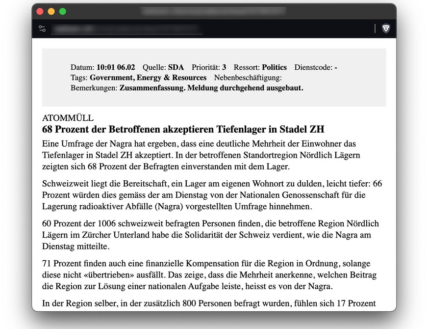 Screenshot einer Meldung der Nachrichtenagentur Keystone-SDA zum geplanten Atommüll-Tiefenlager in Stadel ZH.
