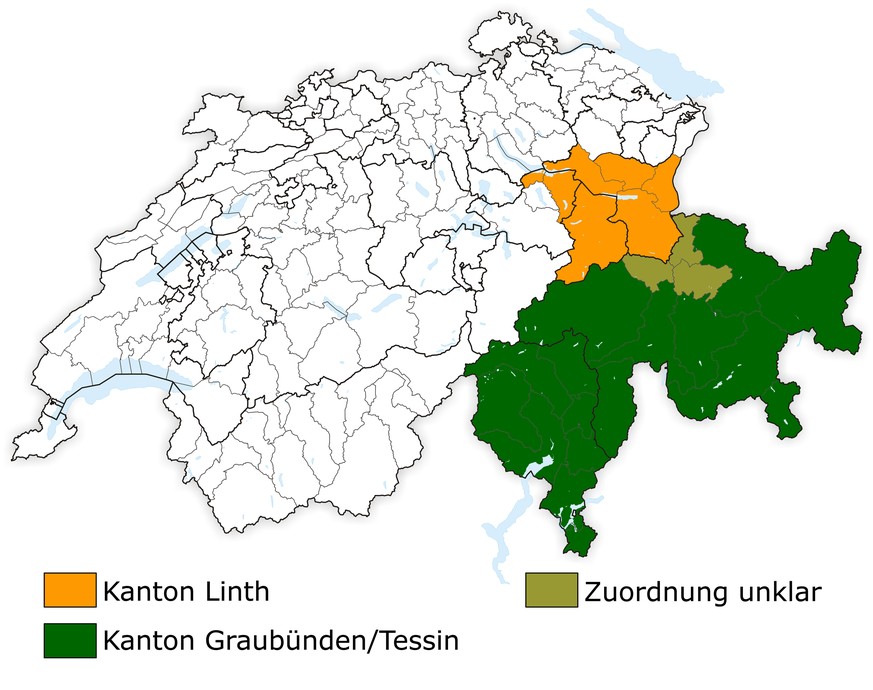 Auch hier ist Graubünden mit dem Tessin in einem Kanton zusammengefasst. Wie gross das Gebiet im&nbsp;Bündner Rheintal ist, das&nbsp;Hansjörg Hug dem Kanton Linth zuschlagen möchte, ist nicht ganz klar. &nbsp;
