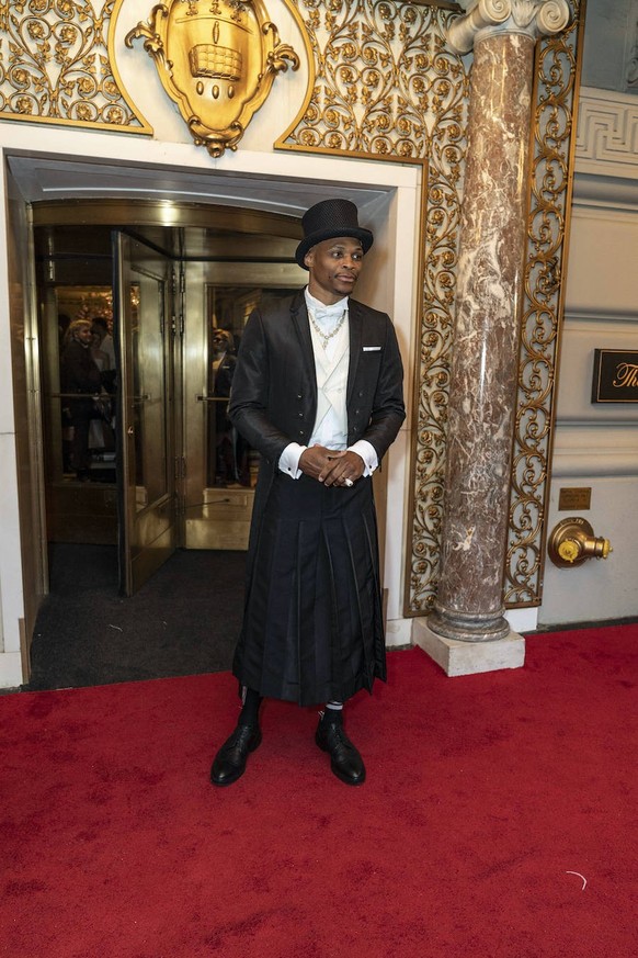 NY: Met Gala 2022 departures from The Pierre hotel Russell Westbrook wearing dress by Thom Browne departs The Pierre Hotel for the 2022 Met Gala on a theme In America: An Anthology of Fashion with dre ...