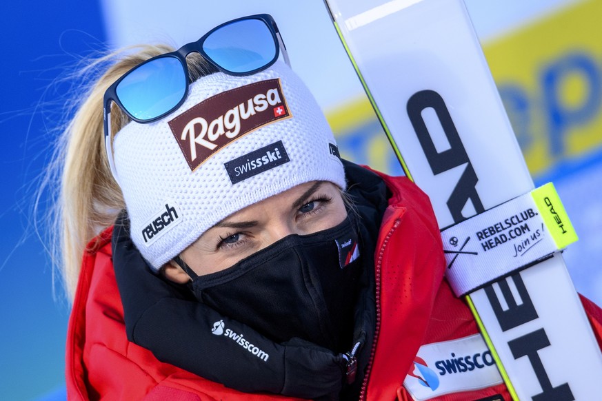epa09004310 Lara Gut-Behrami of Switzerland reacts in the finish area during the Women's Super G race at the Alpine Skiing World Championships in Cortina d'Ampezzo, Italy, 11 February 2021. ...