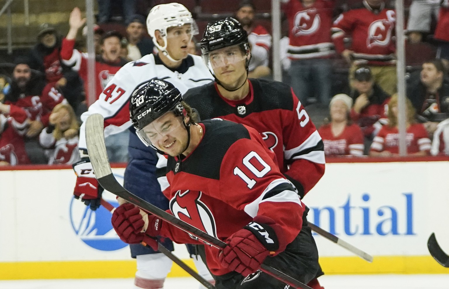 Alexander Holtz (10) celebrates after scoring a goal during the first period of an NHL preseason hockey game against the Washington Capitals Monday, Oct. 4, 2021, in Newark, N.J. (AP Photo/Frank Frank ...