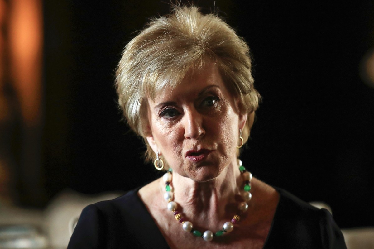 FILE - Small Business Administration Administrator Linda McMahon speaks during a news conference with President Donald Trump in Trump's Mar-a-Lago estate in Palm Beach, Fla., March 29, 2019. (AP  ...