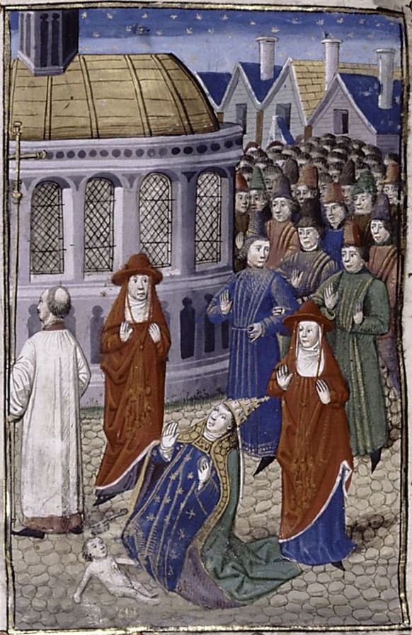 Päpstin Johannas Niederkunft in Giovanni Boccaccios «De mulieribus claris», ca. 1450.