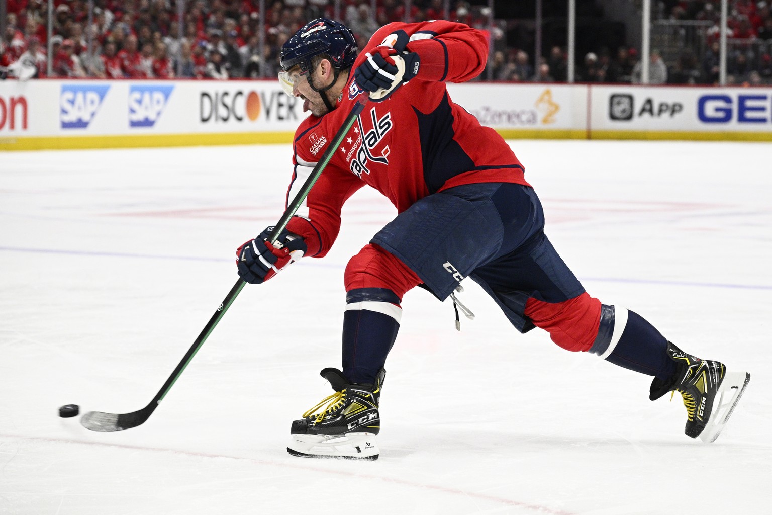 Washington Capitals left wing Alex Ovechkin (8) shoots the puck in the first period of Game 2 of a first-round NHL hockey playoff series against the Montreal Canadiens Wednesday, April 23, 2025, in Wa ...