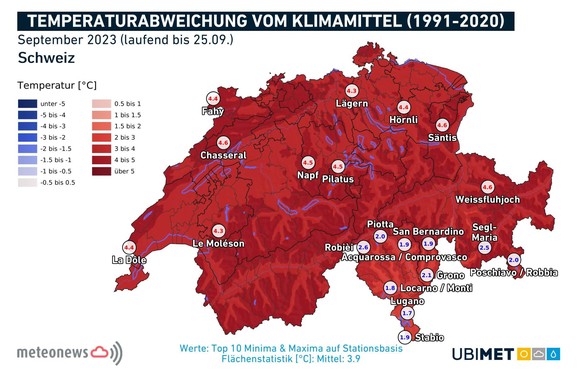Temperaturabweichung bisher im September im Vergleich zum langjährigen Mittel 1991 bis 2020.