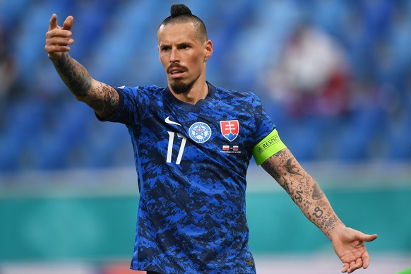 epa09271257 Marek Hamsik of Slovakia reacts during the UEFA EURO 2020 group E preliminary round soccer match between Poland and Slovakia in St. Petersburg, Russia, 14 June 2021.  EPA/Kirill Kudryavtsev / POOL (RESTRICTIONS: For editorial news reporting purposes only. Images must appear as still images and must not emulate match action video footage. Photographs published in online publications shall have an interval of at least 20 seconds between the posting.)
