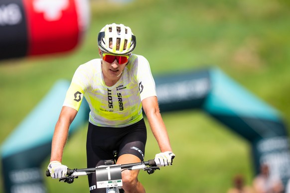 Fabio Puentener, Suisse, 2eme, en action lors de la course Homme Elite des Championnats Suisses de MTB Cross Country, XCO, ce dimanche 19 juillet 2026, a Leysin. (KEYSTONE/Maxime Schmid)