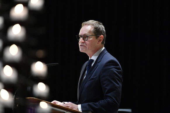 epa09650918 Berlin Governing Mayor Michael Mueller speaks during a church service commemorating the victims of the 2016 terrorist attack on the Christmas market at Breitscheidplatz square, in the Kais ...