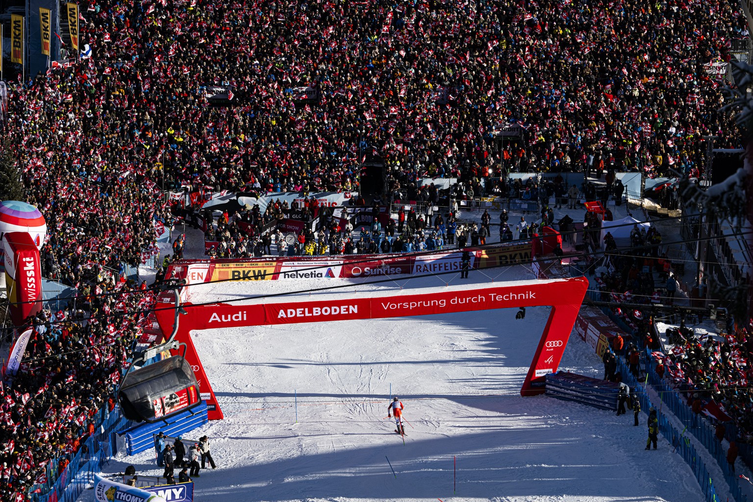 Ramon Zenhaeusern of Switzerland speeds to the finish area during the second run of the men's Slalom race at the Alpine Skiing FIS Ski World Cup, in Adelboden, Switzerland, Sunday, January 11, 20 ...