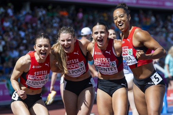 From left, Geraldine Di Tizio-Frey, Ajla Del Ponte, Leonie Pointet, Salome Kora, of Switzerland, react during the women's 4x100 meters relay qualification at the European Athletics Championships, ...