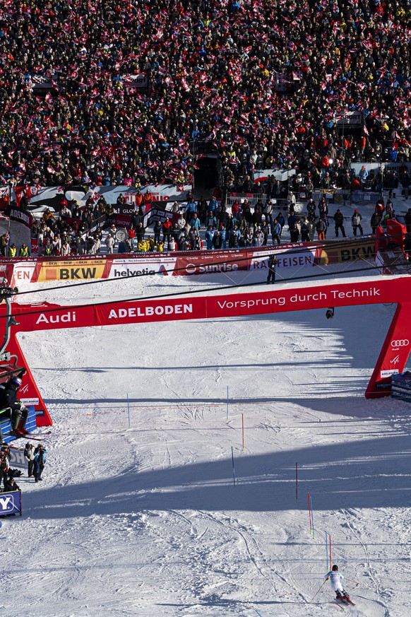 Shiro Aihara of Japan speeds to the finish area during the second run of the men's Slalom race at the Alpine Skiing FIS Ski World Cup, in Adelboden, Switzerland, Sunday, January 11, 2026. (KEYSTO ...