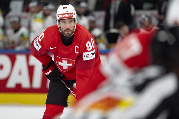 Switzerland's Roman Josi looks during the 2026 IIHF Men's Ice Hockey World Championship preliminary round group A game between Switzerland and Hungary, at the Swiss Life Arena in Zurich, Swi ...