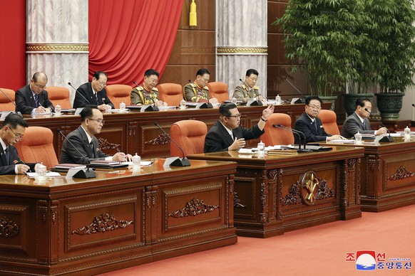 In this photo provided by the North Korean government, North Korean leader Kim Jong Un, bottom center, attends a meeting of the Central Committee of the ruling Workers