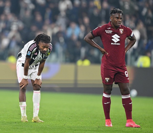 epa12512754 Juventus&#039; Hhephren Thuram (L) reacts after the Italian Serie A soccer match between Juventus FC and Torino FC in Turin, Italy, 08 November 2025. EPA/Alessandro Di Marco