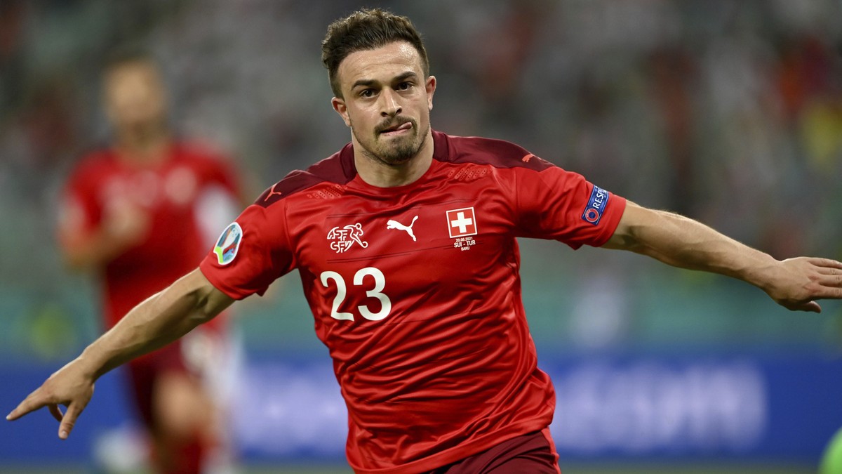 Switzerland's Xherdan Shaqiri celebrates scoring his side's third goal during the Euro 2020 soccer championship group A match between Switzerland and Turkey at the Baku Olympic Stadium in Ba ...