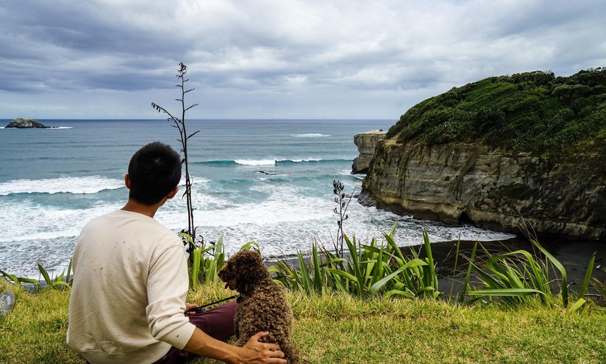 Neuseeland gilt als Land mit der höchsten Dichte an Haushalten mit Haustieren. So wie dieser Mann im Muriwai Regional Park mit seinem Hund.