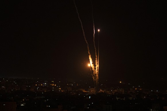 Rockets fired by Palestinian militants at Israel, in Gaza City, Wednesday, May 3, 2023. The Israeli army says Palestinian militants in Gaza fired a barrage of rockets after the d…