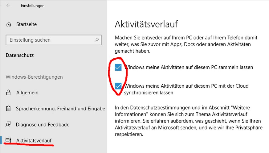 Der Aktivitätsverlauf lässt sich in den Einstellungen wahlweise nur für den lokalen PC aktivieren. Per Cloud kann die Timeline mit anderen Geräten synchronisiert werden.