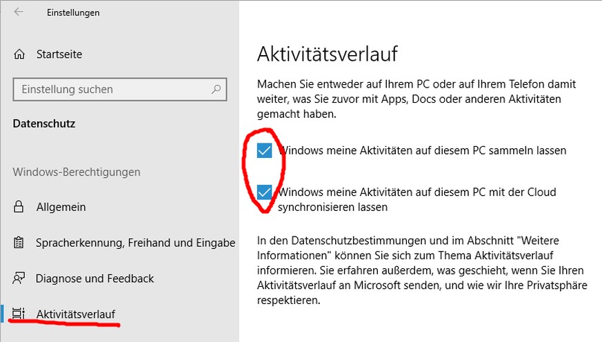 Der Aktivitätsverlauf lässt sich in den Einstellungen wahlweise nur für den lokalen PC aktivieren. Per Cloud kann die Timeline mit anderen Geräten synchronisiert werden.