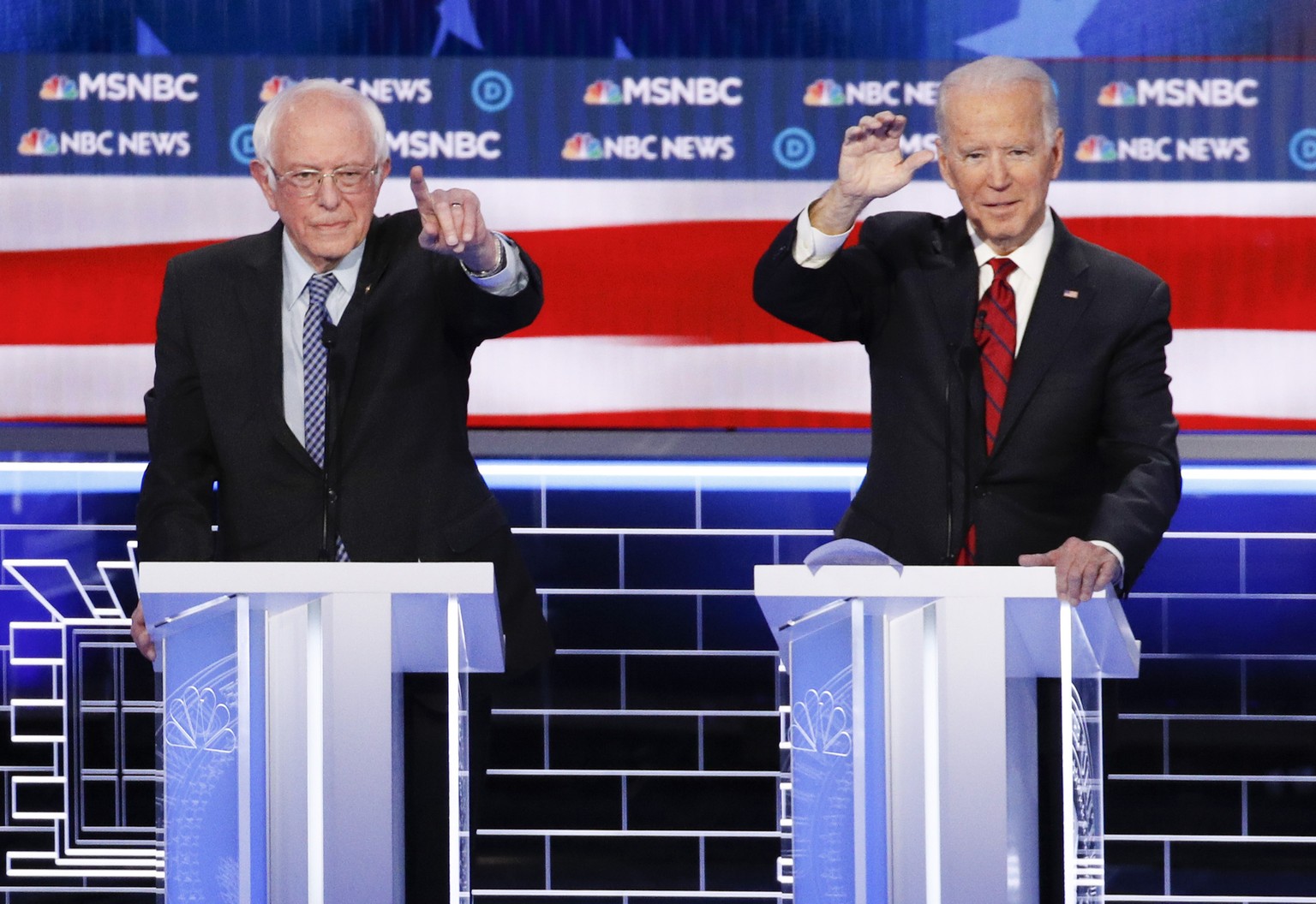 From left, Democratic presidential candidates, former New York City Mayor Michael Bloomberg, Sen. Elizabeth Warren, D-Mass., Sen. Bernie Sanders, I-Vt., former Vice President Joe Biden, former South B ...