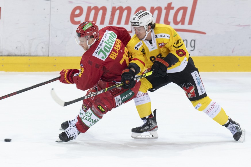 Tigers Yannick Blaser, links, im Kampf um den Puck gegen Berns Christian Thomas, rechts, waehrend dem Qualifikations-Spiel der National League, zwischen den SCL Tigers und dem SC Bern, am Sonntag 19.  ...