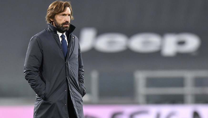 Juventus coach Andrea Pirlo walks on the pitch prior to the Serie A soccer match between Juventus and Hellas Verona, at the Allianz Stadium in Turin, Italy, Sunday, Oct. 25, 2020. (Tano Pecoraro/LaPre ...