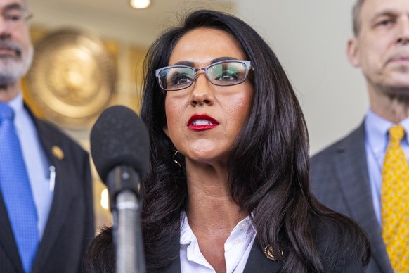 epa11943102 House Freedom Caucus member Lauren Boebert delivers remarks following a meeting with US President Donald J. Trump at the White House in Washington, DC, USA, 05 March 2025. Members of the F ...