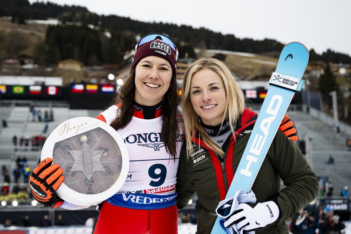 Silver medalists Holdener of Switzerland and Lara Gut-Behrami of Switzerland celebrate during the podium ceremony of the Women's Team Combined at the 2025 FIS Alpine World Ski Championships, in S ...