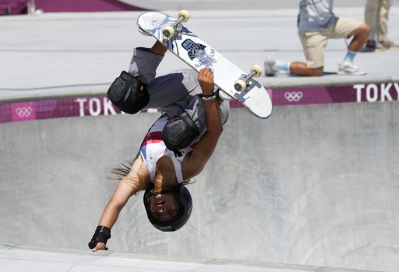 Sky Brown of Britain competes in the women&#039;s park skateboarding finals at the 2020 Summer Olympics, Wednesday, Aug. 4, 2021, in Tokyo, Japan. (AP Photo/Ben Curtis)