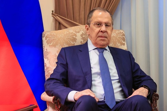 epa10003581 A handout photo made available by the press service of the Russian Foreign Ministry shows Russian Foreign Minister Sergei Lavrov during a meeting with his Armenian counterpart (not picture ...