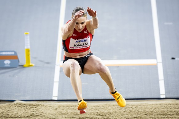 Annik Kaelin of Switzerland competes in the women&#039;s long jump event at the World Athletics Indoor Championships at the Emirates Arena in Glasgow, Scotland, on Saturday, March 2, 2024. (KEYSTONE/M ...