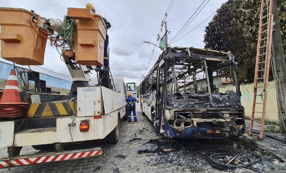 A bus is left charred amid three nights of rioting in Natal, Rio Grande do Norte state, Brazil, Tuesday, March 14, 2023. Rio Grande do Norte?s public security secretary, Francisco Ara�jo, said that th ...