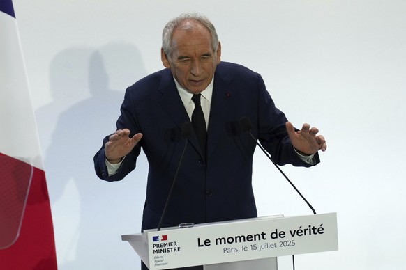 French Prime Minister Francois Bayrou unveils plans for next year&#039;s budget, Tuesday, July 15, 2025 in Paris. (AP Photo/Aurelien Morissard)
France Budget