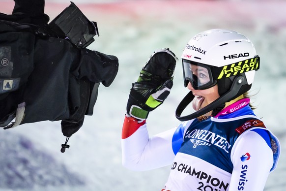 Wendy Holdener of Switzerland reacts in the finish area during the women slalom race of the Alpine Combined at the 2019 FIS Alpine Skiing World Championships in Are, Sweden Friday, February 8, 2019. ( ...