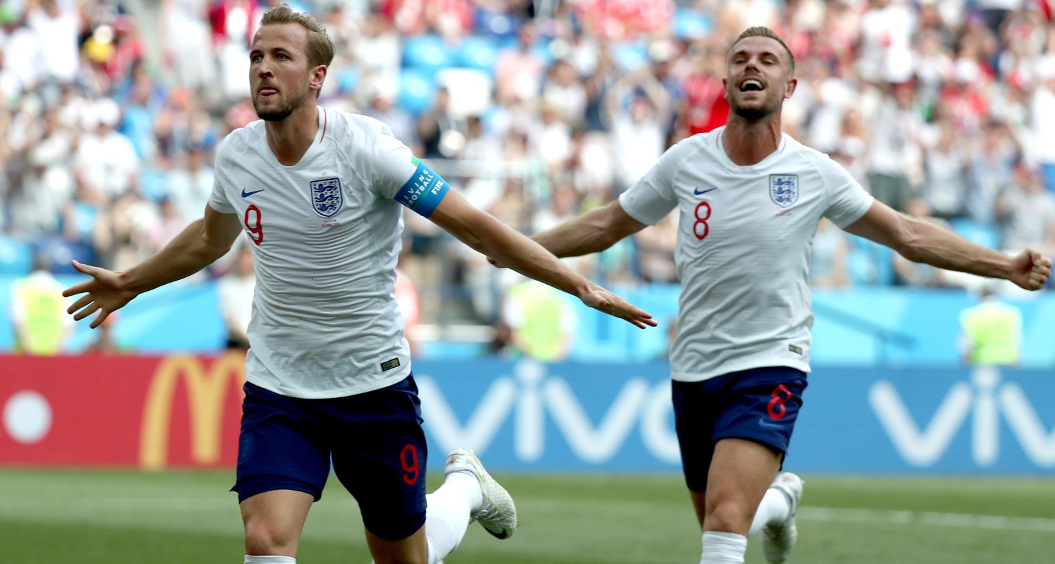 epa06835792 Harry Kane of England (L) reacts with Jordan Henderson of England after scoring the 2-0 during the FIFA World Cup 2018 group G preliminary round soccer match between England and Panama in  ...