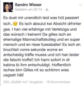Sandro Wieser entschuldigt sich auch via Facebook.